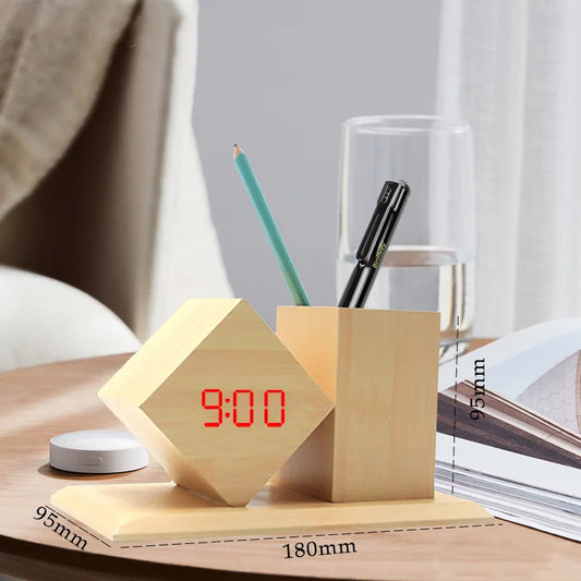 Creative Wooden Clock LED Smart Home Office Desk Pen Holder